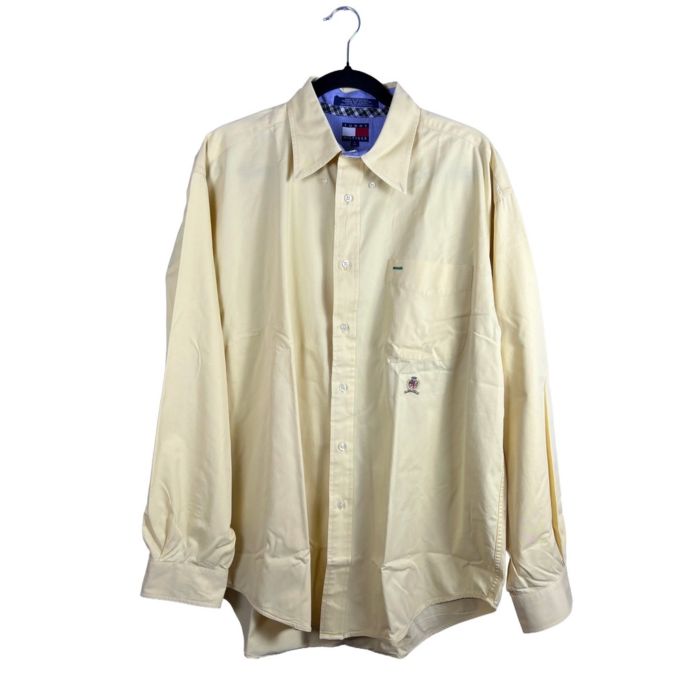 Vintage Tommy Hilfiger Button Down Shirt Mens Large Yellow Crest Logo 90s Cotton